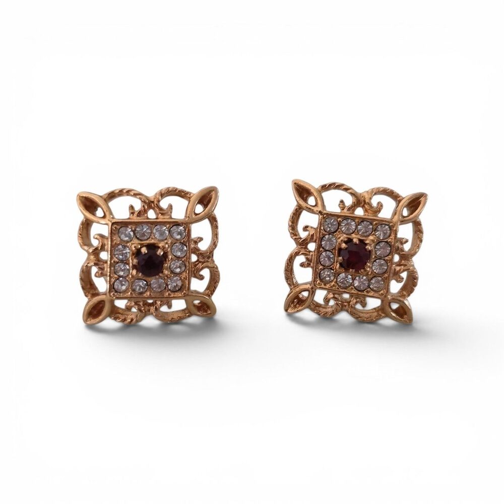 Vintage Avon Genuine Garnet Lace Pierced Earrings Goldtone Surgical Steel Posts